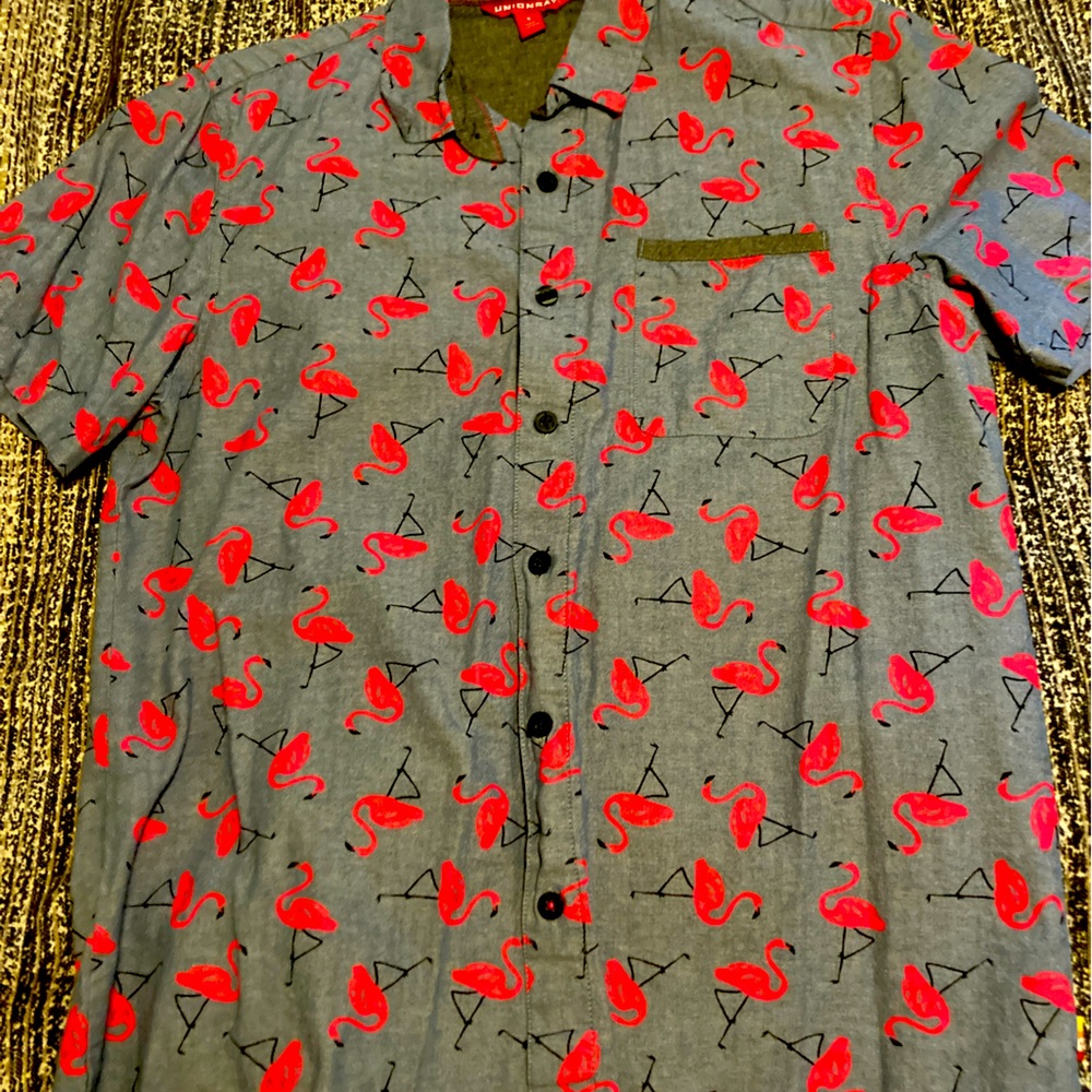 Blue button down with pink flamingos
